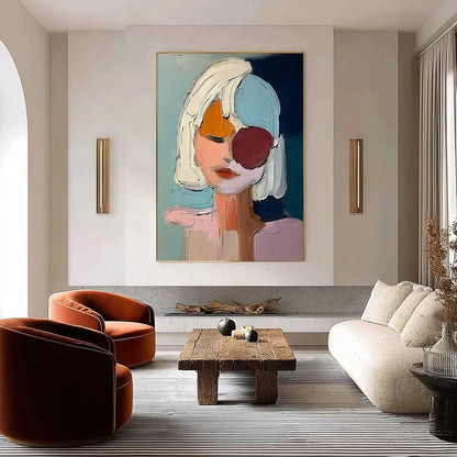 URBAN MUSE: Textured Abstract Portrait Oil Painting for Modern Decor | gold frame stretched on neutral wall