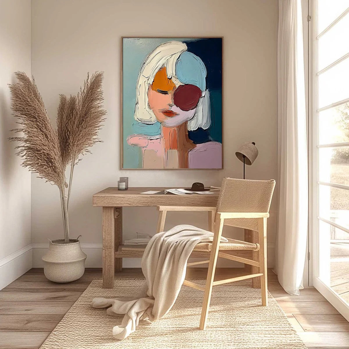 URBAN MUSE: Textured Abstract Portrait Oil Painting for Modern Decor | black frame version on white wall