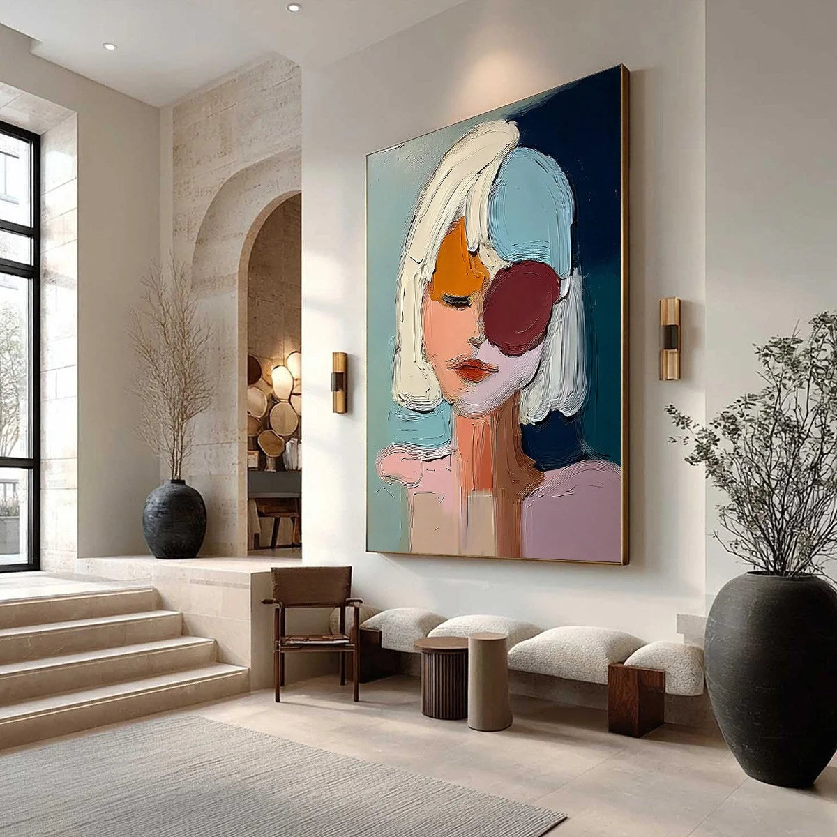 URBAN MUSE: Textured Abstract Portrait Oil Painting for Modern Decor | Abstract mood, soft natural light studio shot