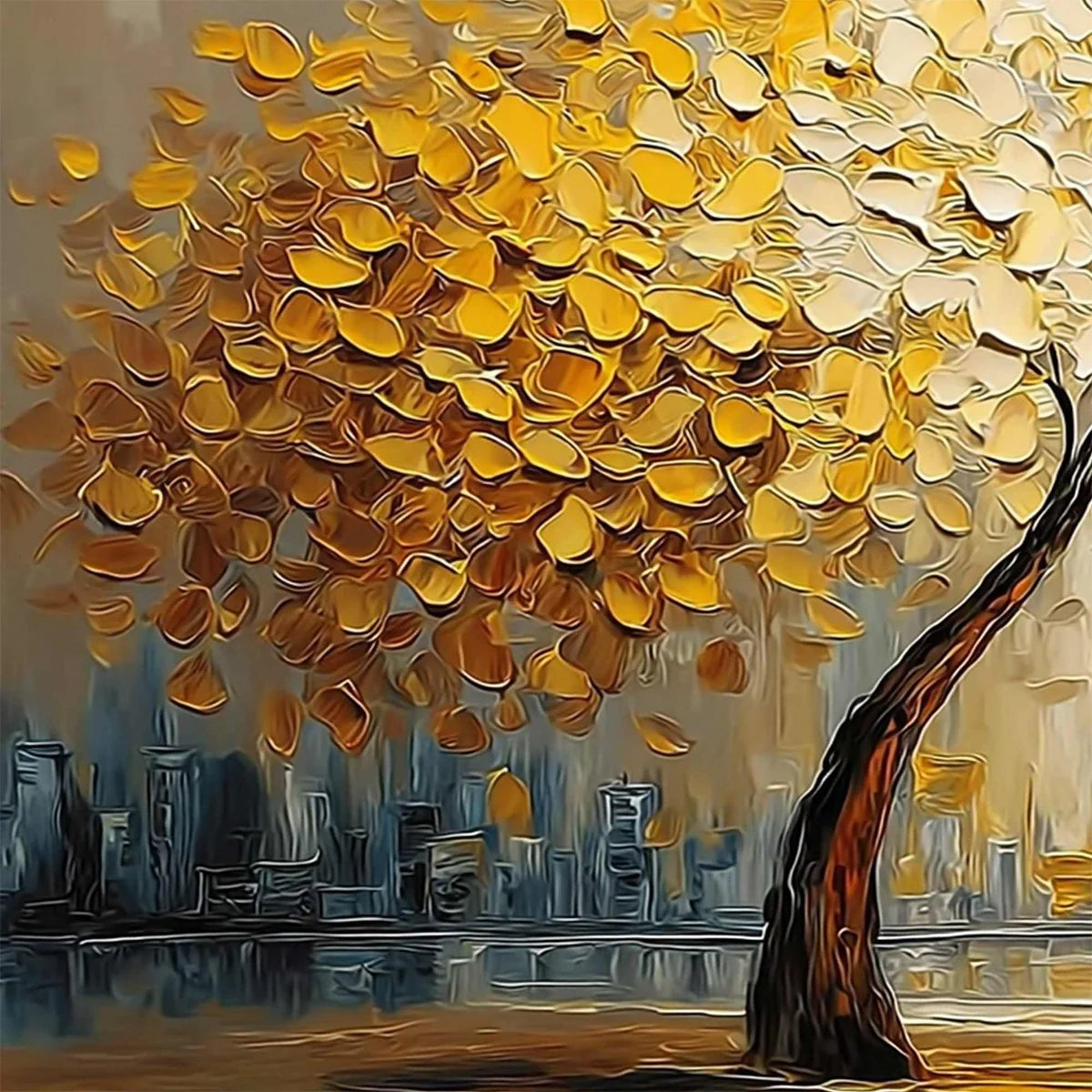 URBAN OASIS: Heavy Texture Palette Knife Cityscape Oil Painting | rectangular format, hand-painted canvas edge