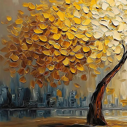 URBAN OASIS: Heavy Texture Palette Knife Cityscape Oil Painting | rectangular format, hand-painted canvas edge