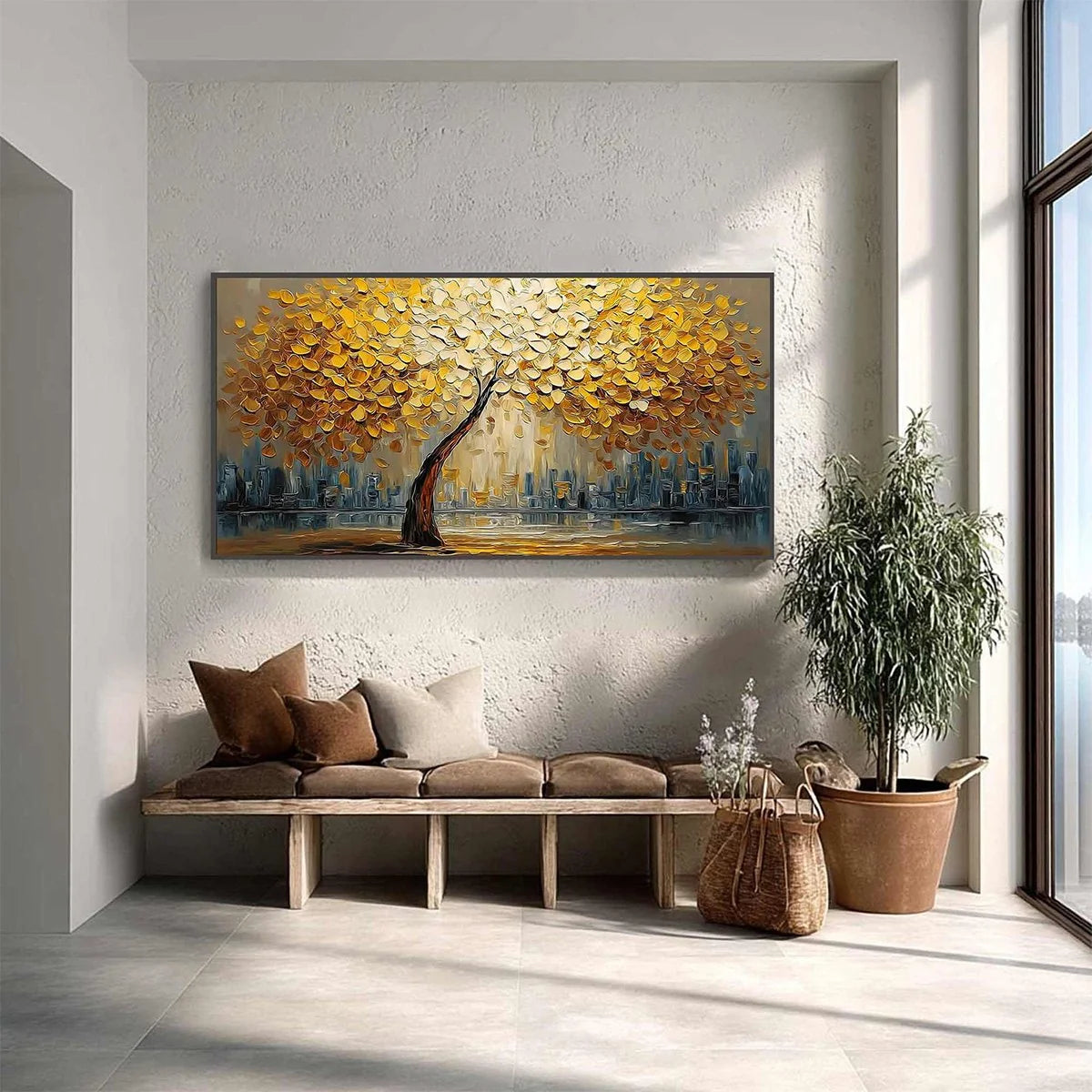 URBAN OASIS: Heavy Texture Palette Knife Cityscape Oil Painting | gold frame stretched on neutral wall