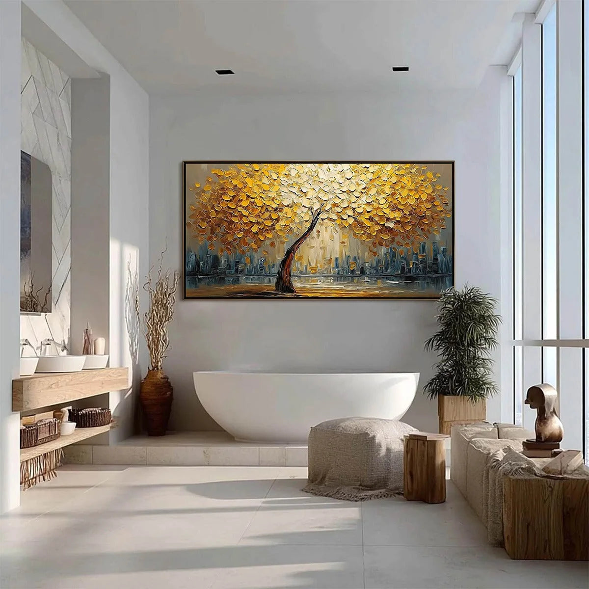 URBAN OASIS: Heavy Texture Palette Knife Cityscape Oil Painting | black frame version on white wall