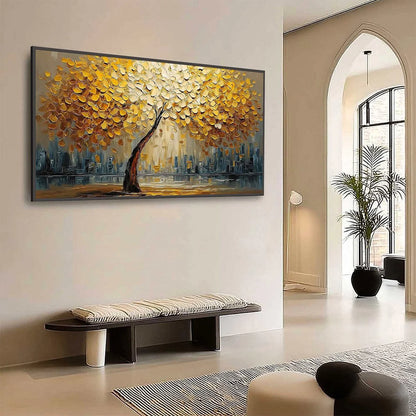 URBAN OASIS: Heavy Texture Palette Knife Cityscape Oil Painting | palette knife mood, soft natural light studio shot