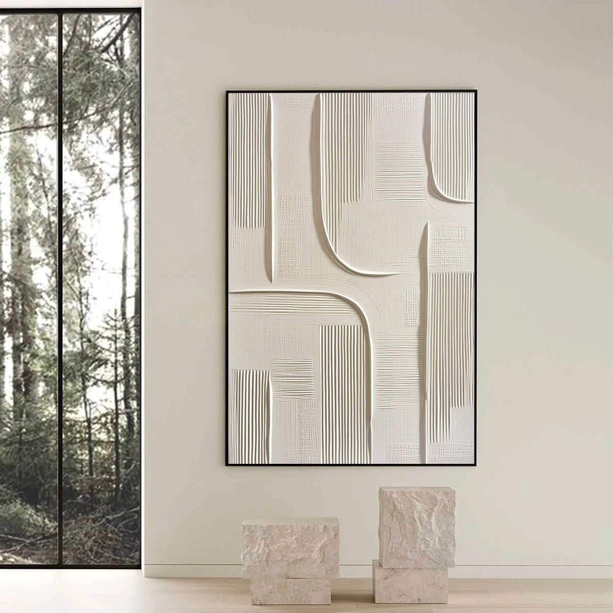 URBAN PATHWAYS: Textured Minimalist Wabi Sabi Abstract Wall Art | black frame version on white wall