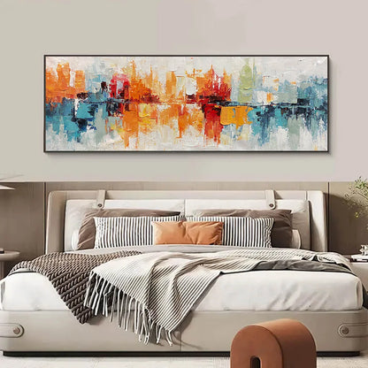 URBAN REFLECTIONS: Abstract Cityscape Impasto Oil Painting | gold frame stretched on neutral wall