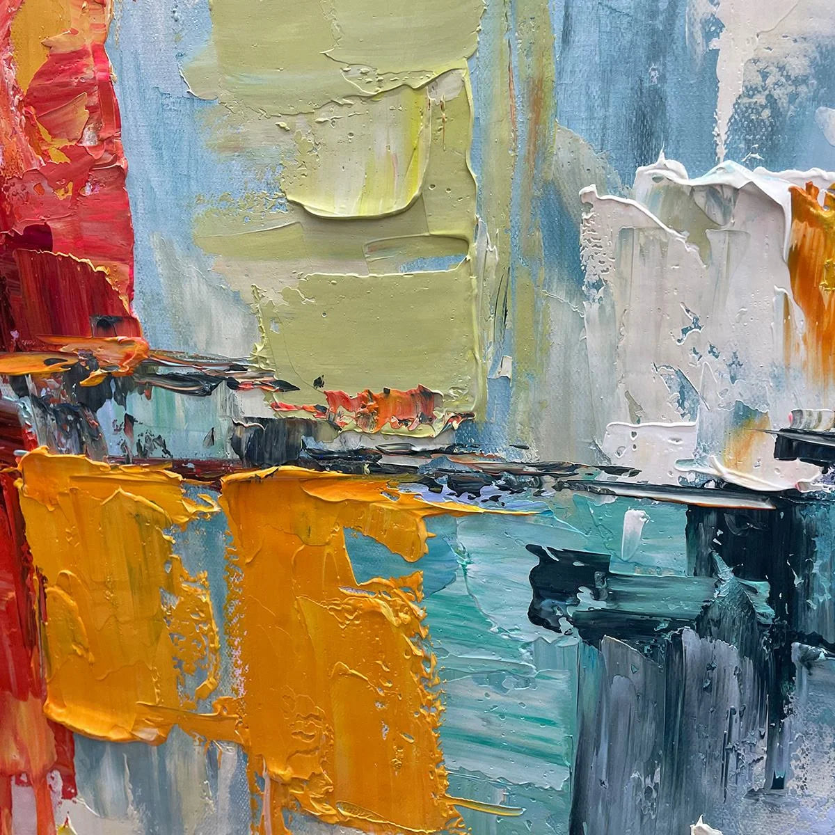 URBAN REFLECTIONS: Abstract Cityscape Impasto Oil Painting | black frame version on white wall