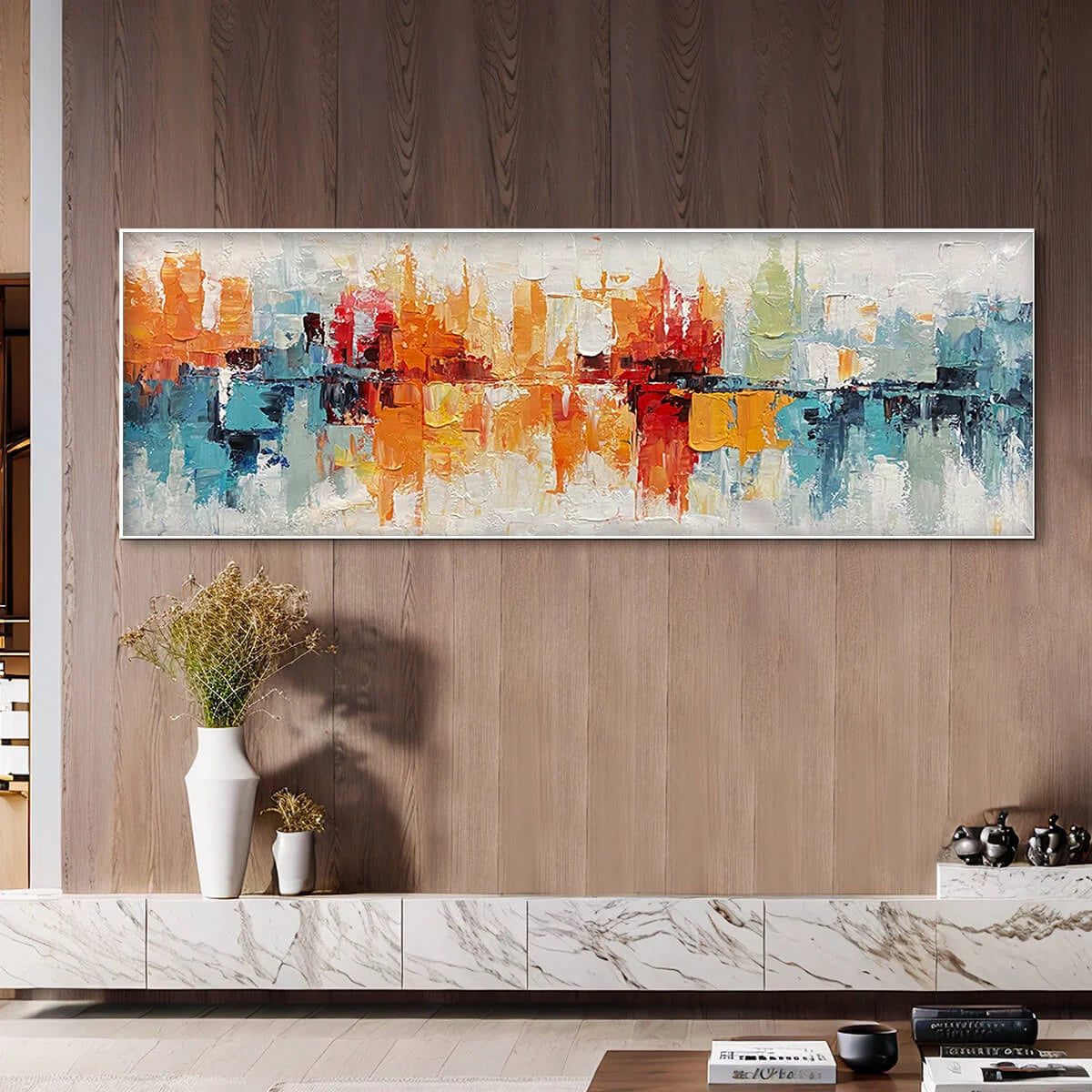 URBAN REFLECTIONS: Abstract Cityscape Impasto Oil Painting | texture detail, palette knife marks visible