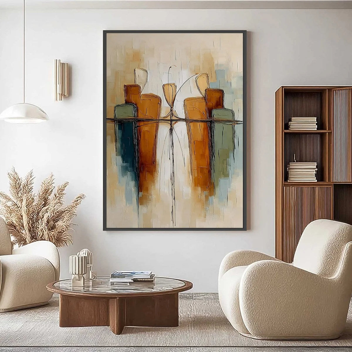 URBAN REFLECTIONS: Textured Abstract Cityscape Reflection Oil Painting | gold frame stretched on neutral wall