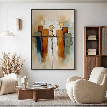 URBAN REFLECTIONS: Textured Abstract Cityscape Reflection Oil Painting | gold frame stretched on neutral wall