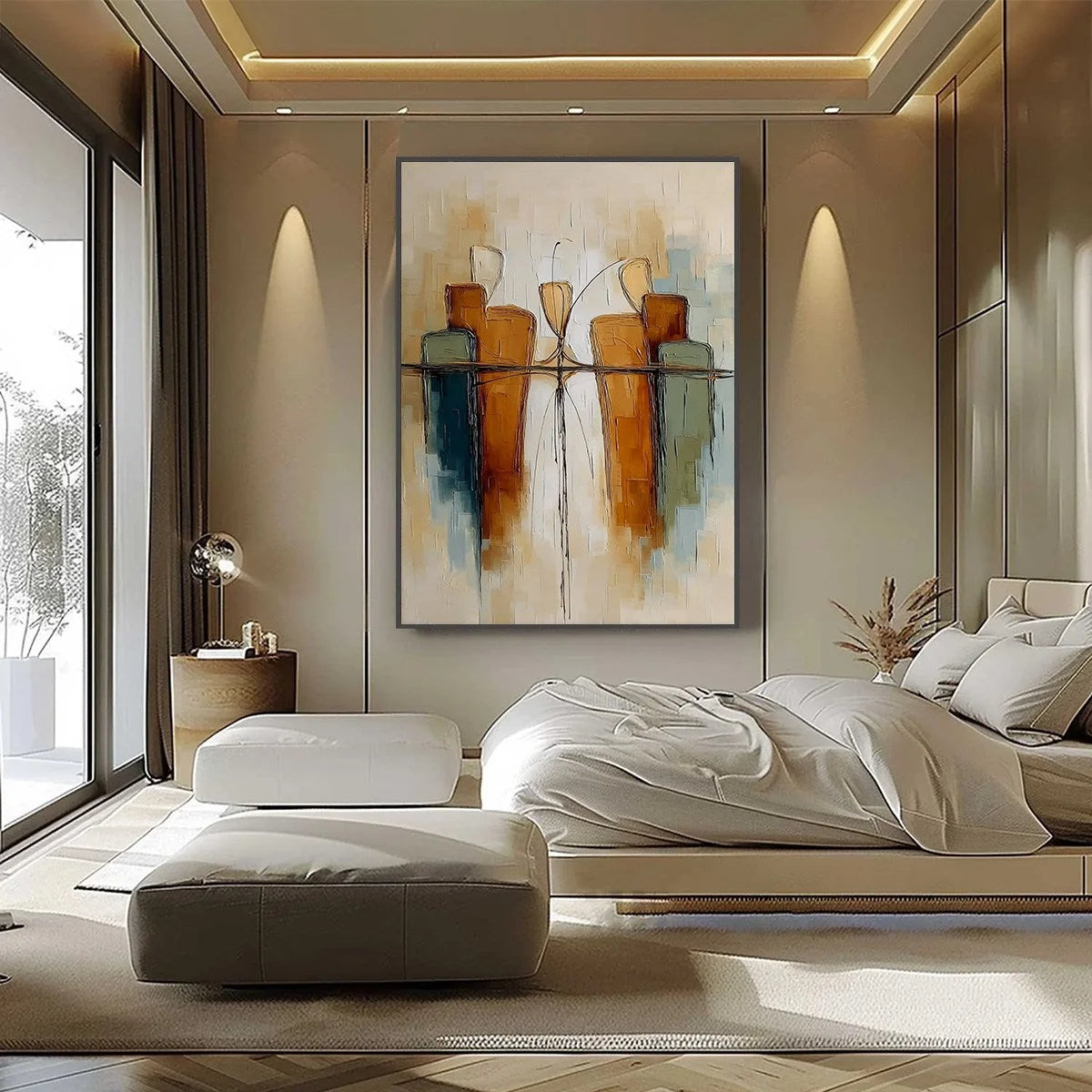 URBAN REFLECTIONS: Textured Abstract Cityscape Reflection Oil Painting | black frame version on white wall