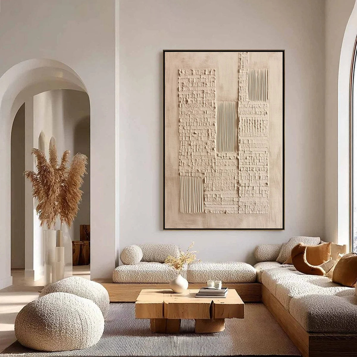 URBAN RELIC: Textured Minimalist Abstract Painting in Neutral Beige Tones | gold frame stretched on neutral wall