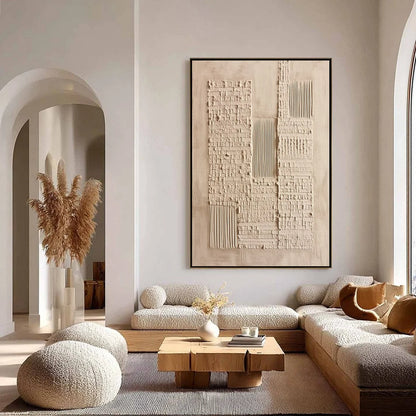 URBAN RELIC: Textured Minimalist Abstract Painting in Neutral Beige Tones | gold frame stretched on neutral wall