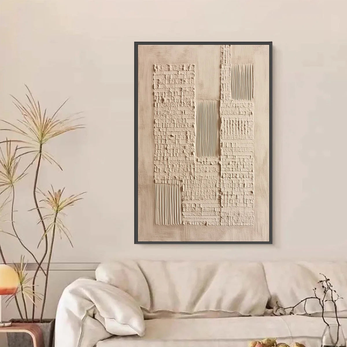 URBAN RELIC: Textured Minimalist Abstract Painting in Neutral Beige Tones | black frame version on white wall