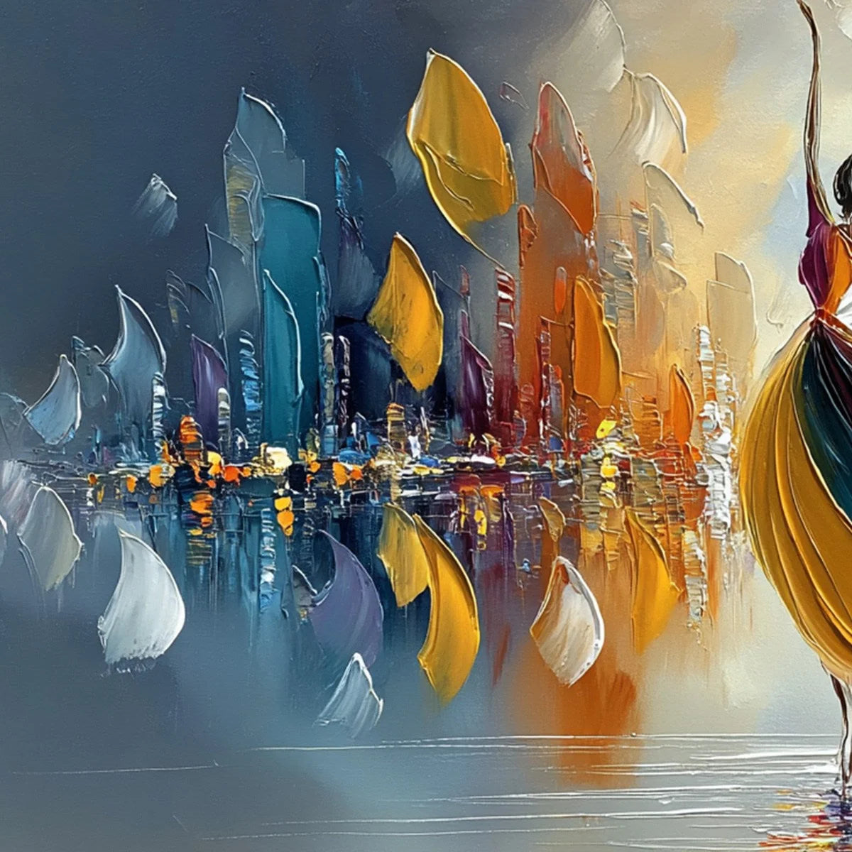 URBAN RHAPSODY: Textured Palette Knife Painting of a Dancer in a Cityscape | rectangular format, hand-painted canvas edge