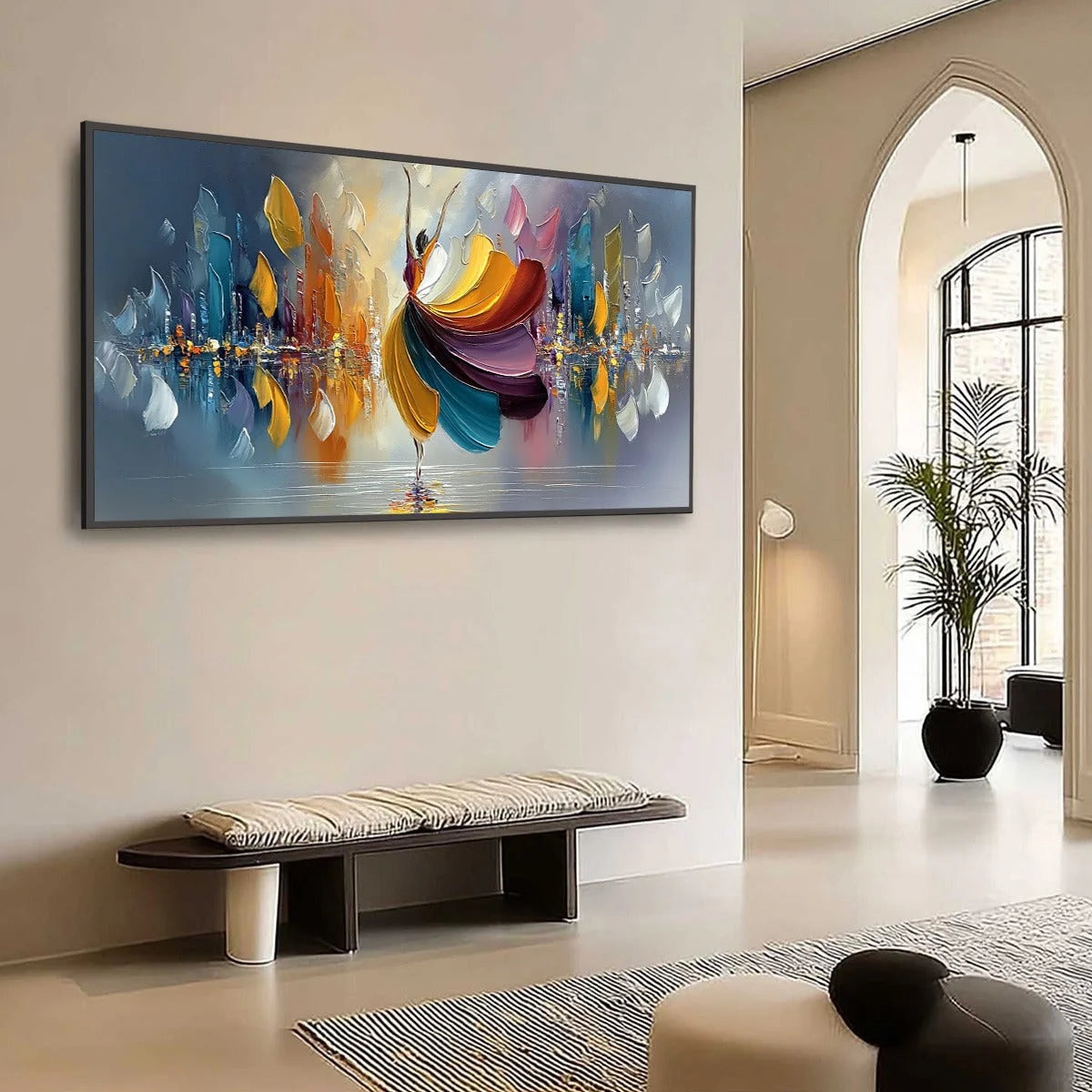 URBAN RHAPSODY: Textured Palette Knife Painting of a Dancer in a Cityscape | Abstract mood, soft natural light studio shot