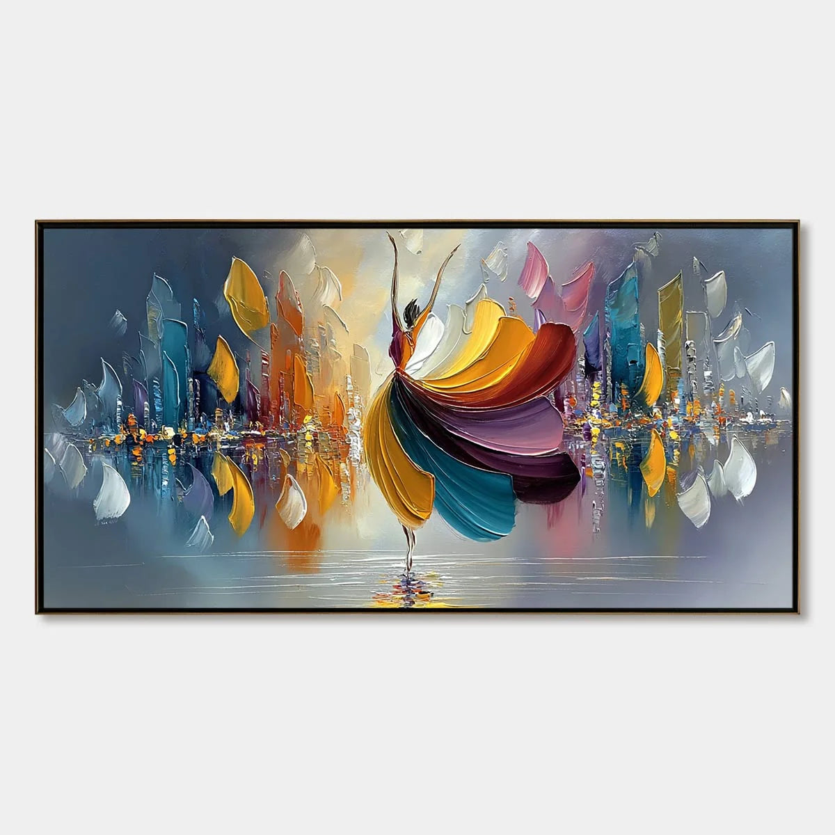 URBAN RHAPSODY: Textured Palette Knife Painting of a Dancer in a Cityscape | hanging in living room, Abstract wall art