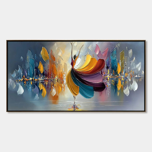 URBAN RHAPSODY: Textured Palette Knife Painting of a Dancer in a Cityscape | hanging in living room, Abstract wall art