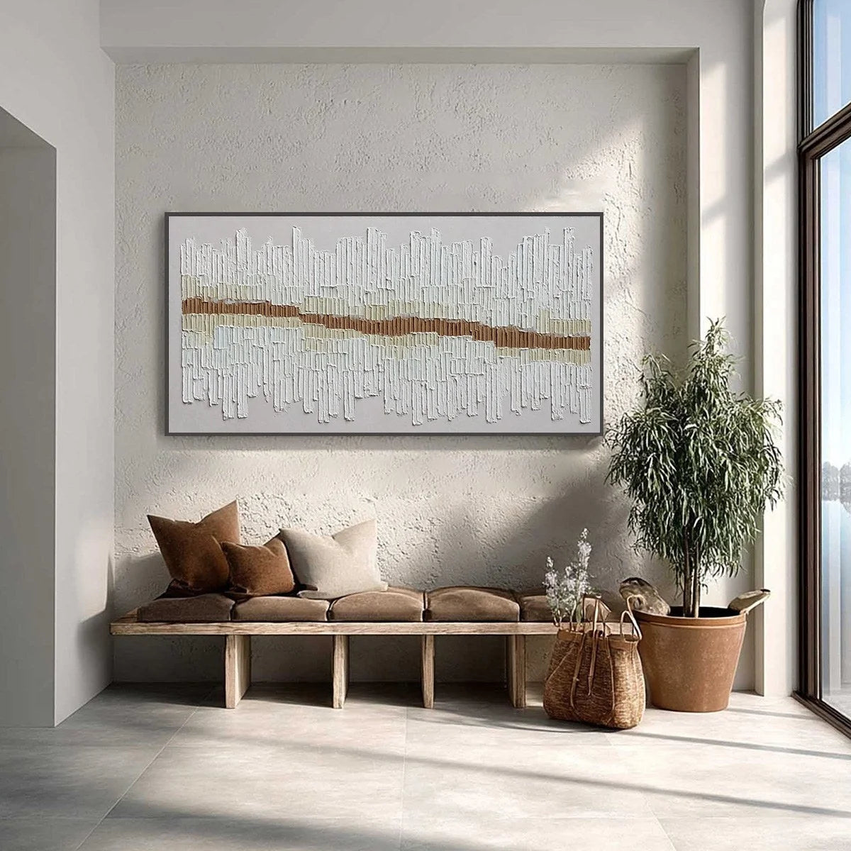 URBAN RHYTHM: Large Horizontal Textured Minimalist Abstract Painting | gold frame stretched on neutral wall