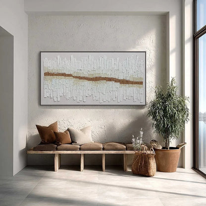 URBAN RHYTHM: Large Horizontal Textured Minimalist Abstract Painting | gold frame stretched on neutral wall