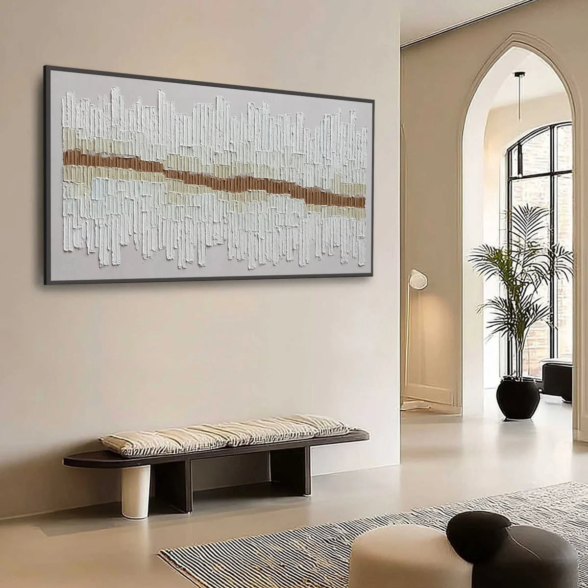 URBAN RHYTHM: Large Horizontal Textured Minimalist Abstract Painting | Minimalist mood, soft natural light studio shot
