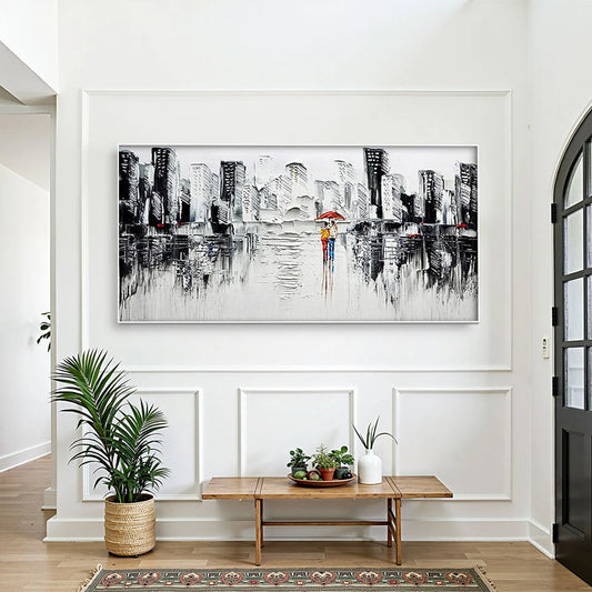 URBAN ROMANCE: Textured Cityscape Oil Painting in Black and White