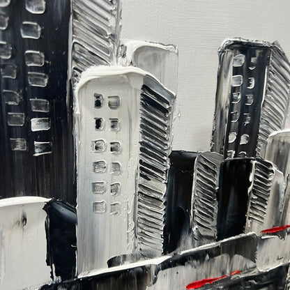 URBAN ROMANCE: Textured Cityscape Oil Painting in Black and White | rectangular format, hand-painted canvas edge