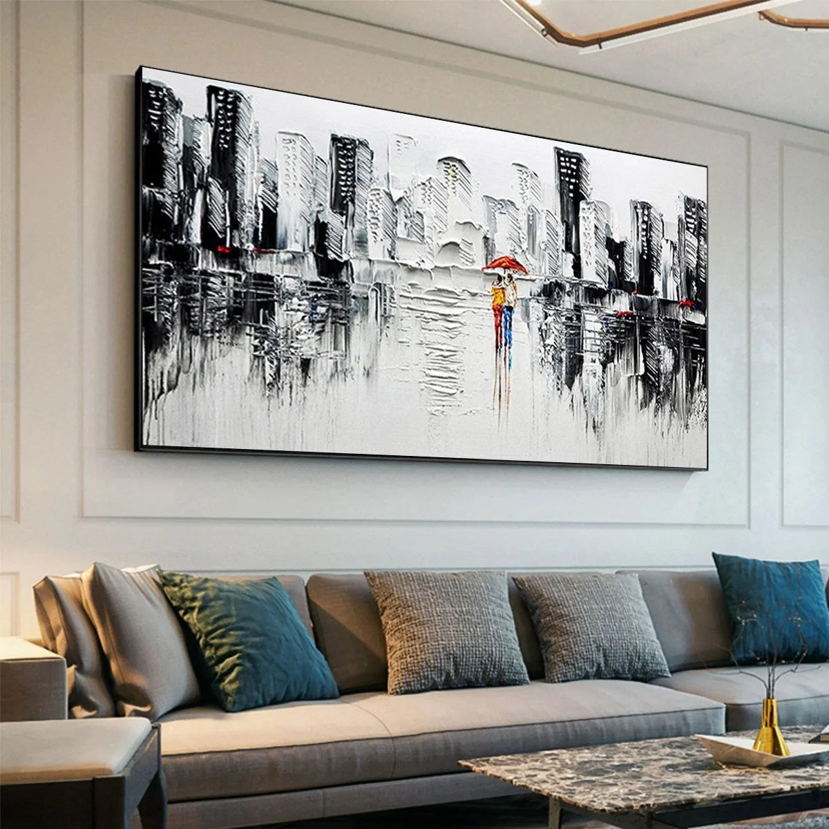 URBAN ROMANCE: Textured Cityscape Oil Painting in Black and White | gold frame stretched on neutral wall