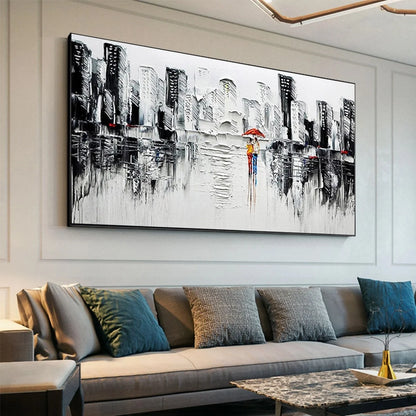 URBAN ROMANCE: Textured Cityscape Oil Painting in Black and White | gold frame stretched on neutral wall