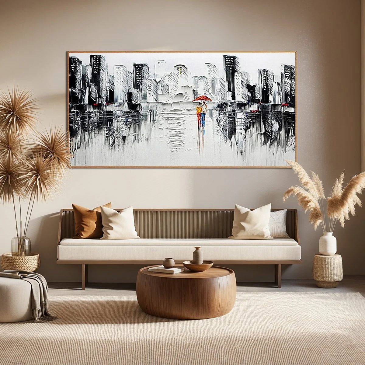 URBAN ROMANCE: Textured Cityscape Oil Painting in Black and White | black frame version on white wall