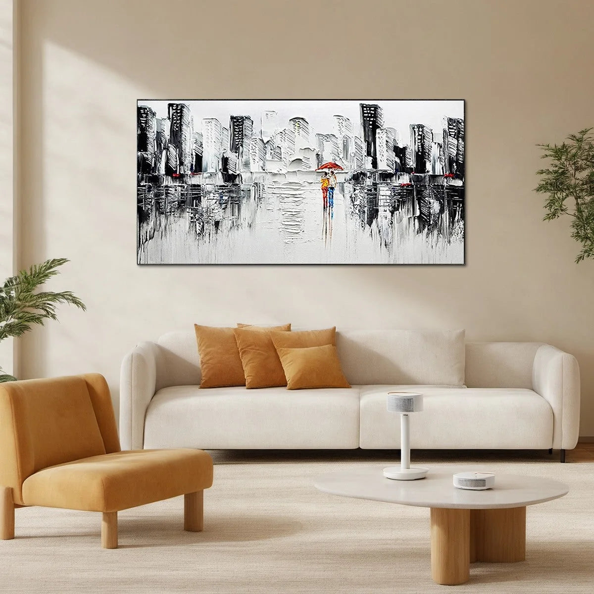 URBAN ROMANCE: Textured Cityscape Oil Painting in Black and White | Abstract mood, soft natural light studio shot