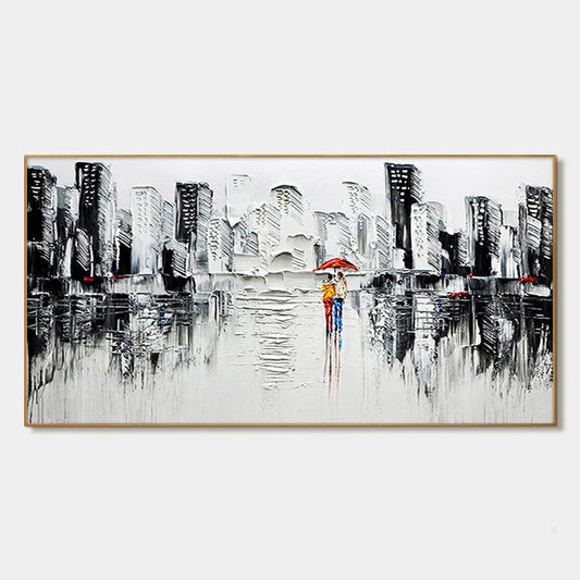 URBAN ROMANCE: Textured Cityscape Oil Painting in Black and White | hanging in living room, Abstract wall art