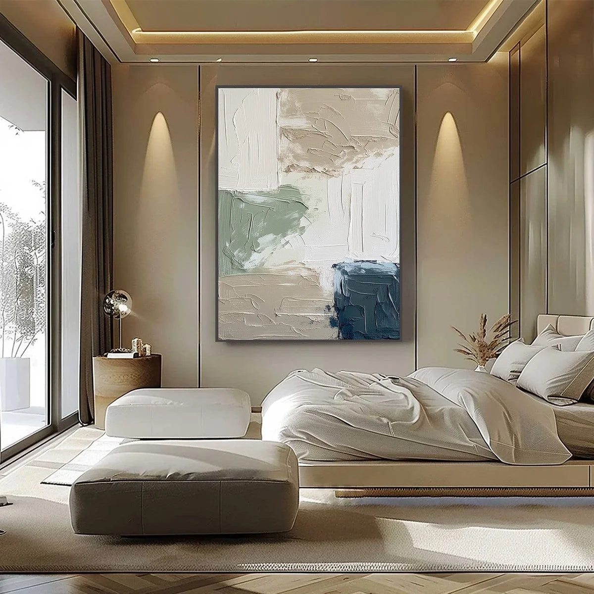 URBAN SANCTUARY: Textured Minimalist Abstract Painting | black frame version on white wall