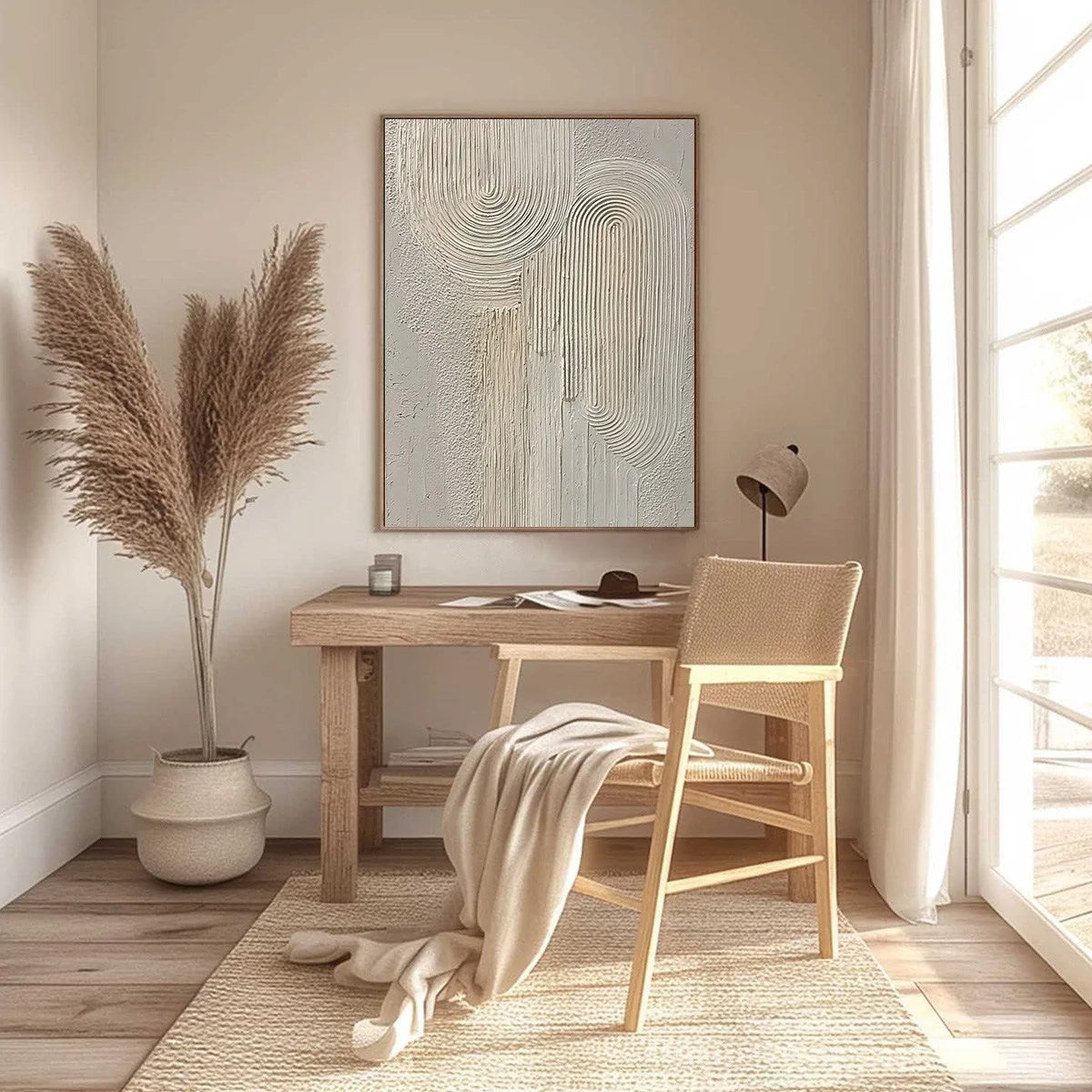 URBAN SANCTUARY: Textured Minimalist Arch Abstract Painting | gold frame stretched on neutral wall