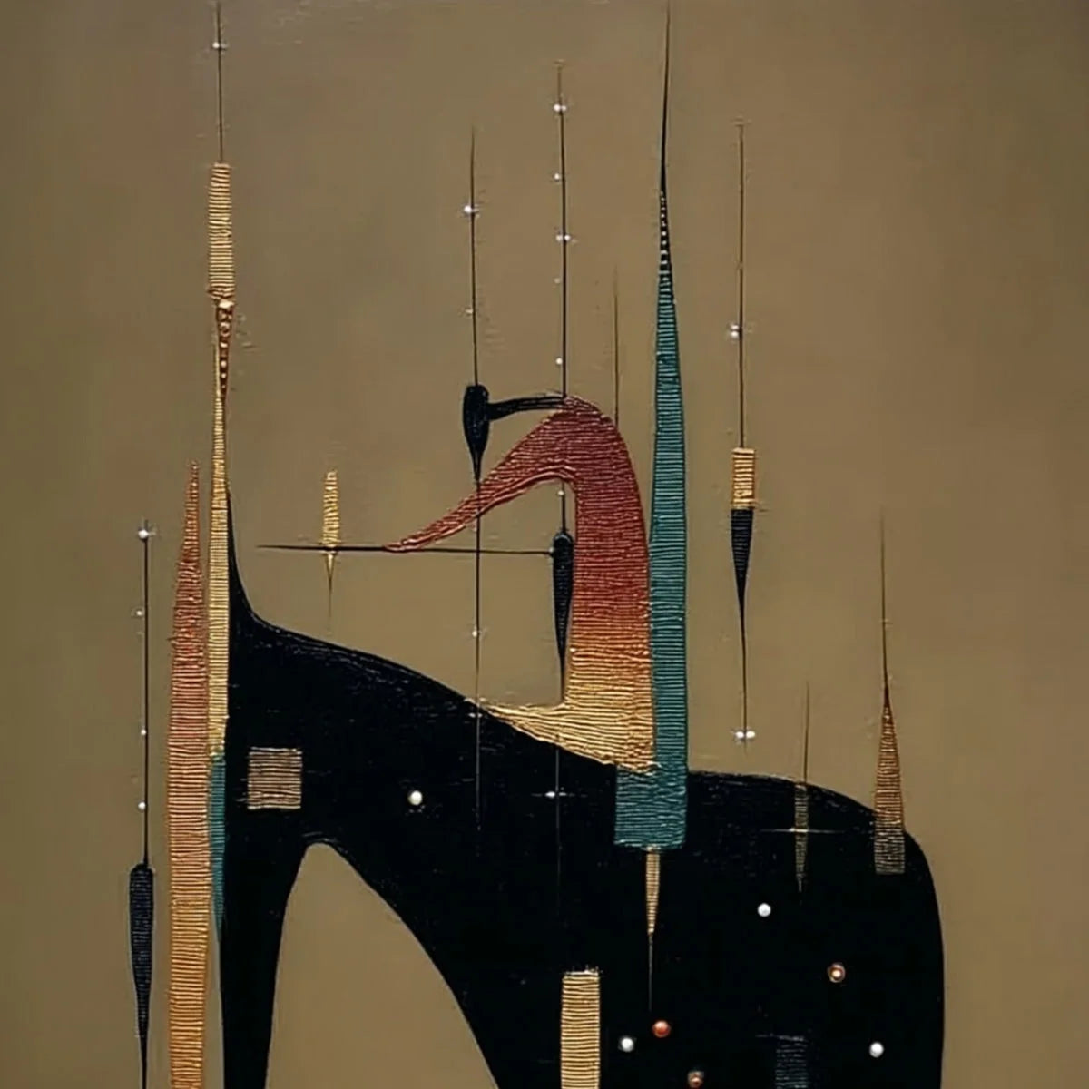 URBAN SENTINEL: Vertical Minimalist Abstract Painting with Textured Cityscape Elements | rectangular format, hand-painted canvas edge