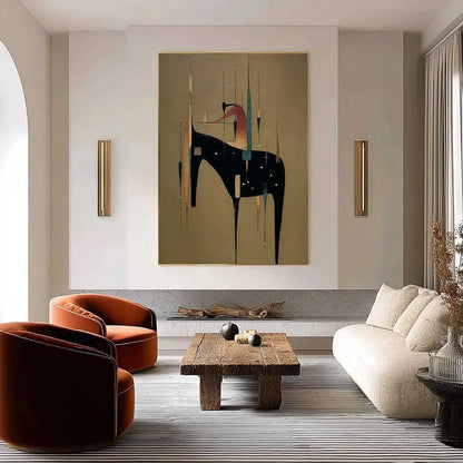URBAN SENTINEL: Vertical Minimalist Abstract Painting with Textured Cityscape Elements | gold frame stretched on neutral wall