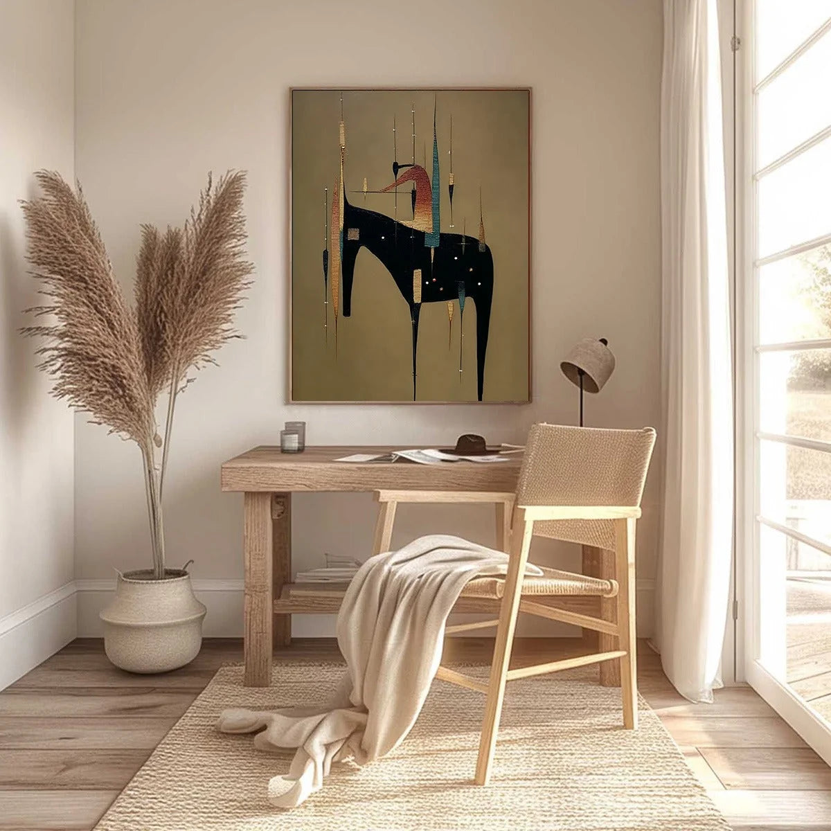 URBAN SENTINEL: Vertical Minimalist Abstract Painting with Textured Cityscape Elements | black frame version on white wall