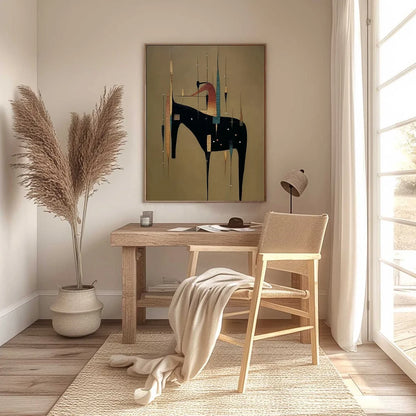 URBAN SENTINEL: Vertical Minimalist Abstract Painting with Textured Cityscape Elements | black frame version on white wall