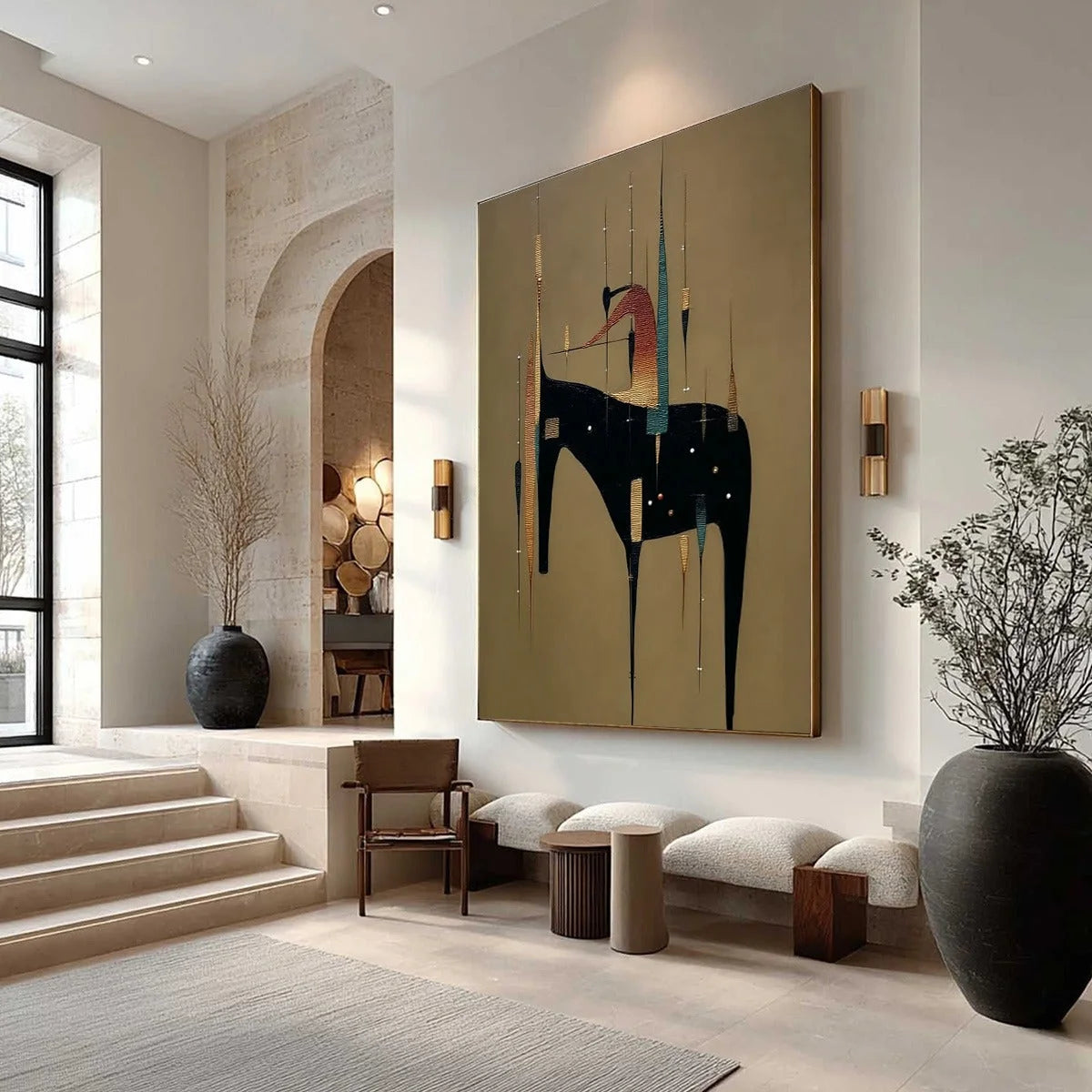URBAN SENTINEL: Vertical Minimalist Abstract Painting with Textured Cityscape Elements | Minimalist mood, soft natural light studio shot
