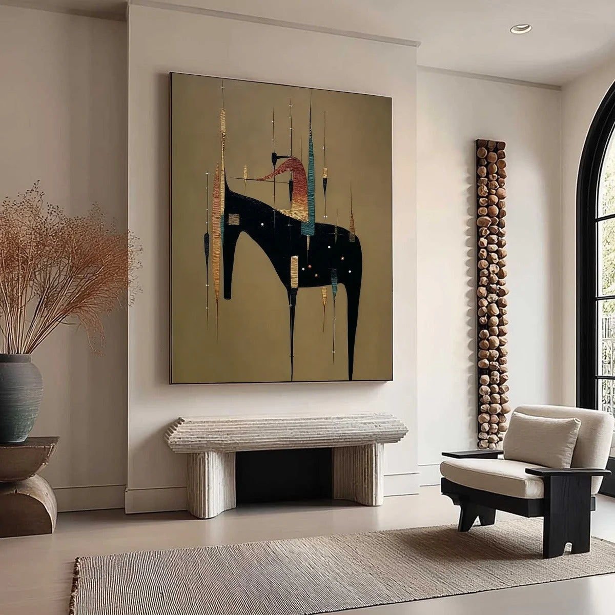 URBAN SENTINEL: Vertical Minimalist Abstract Painting with Textured Cityscape Elements | multi-color palette, original oil on stretched canvas art
