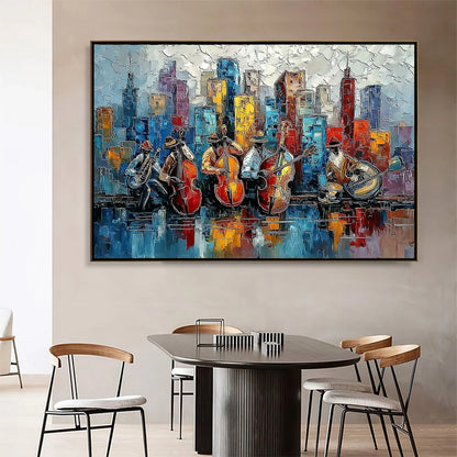 URBAN SERENADE: Textured Palette Knife Painting of Jazz Musicians and Cityscape | Abstract closeup, raised brushwork detail