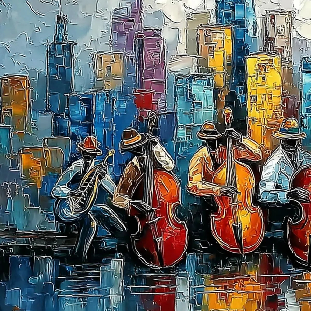 URBAN SERENADE: Textured Palette Knife Painting of Jazz Musicians and Cityscape | rectangular format, hand-painted canvas edge