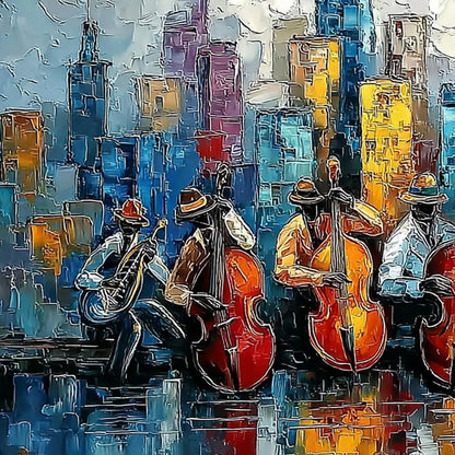 URBAN SERENADE: Textured Palette Knife Painting of Jazz Musicians and Cityscape | rectangular format, hand-painted canvas edge