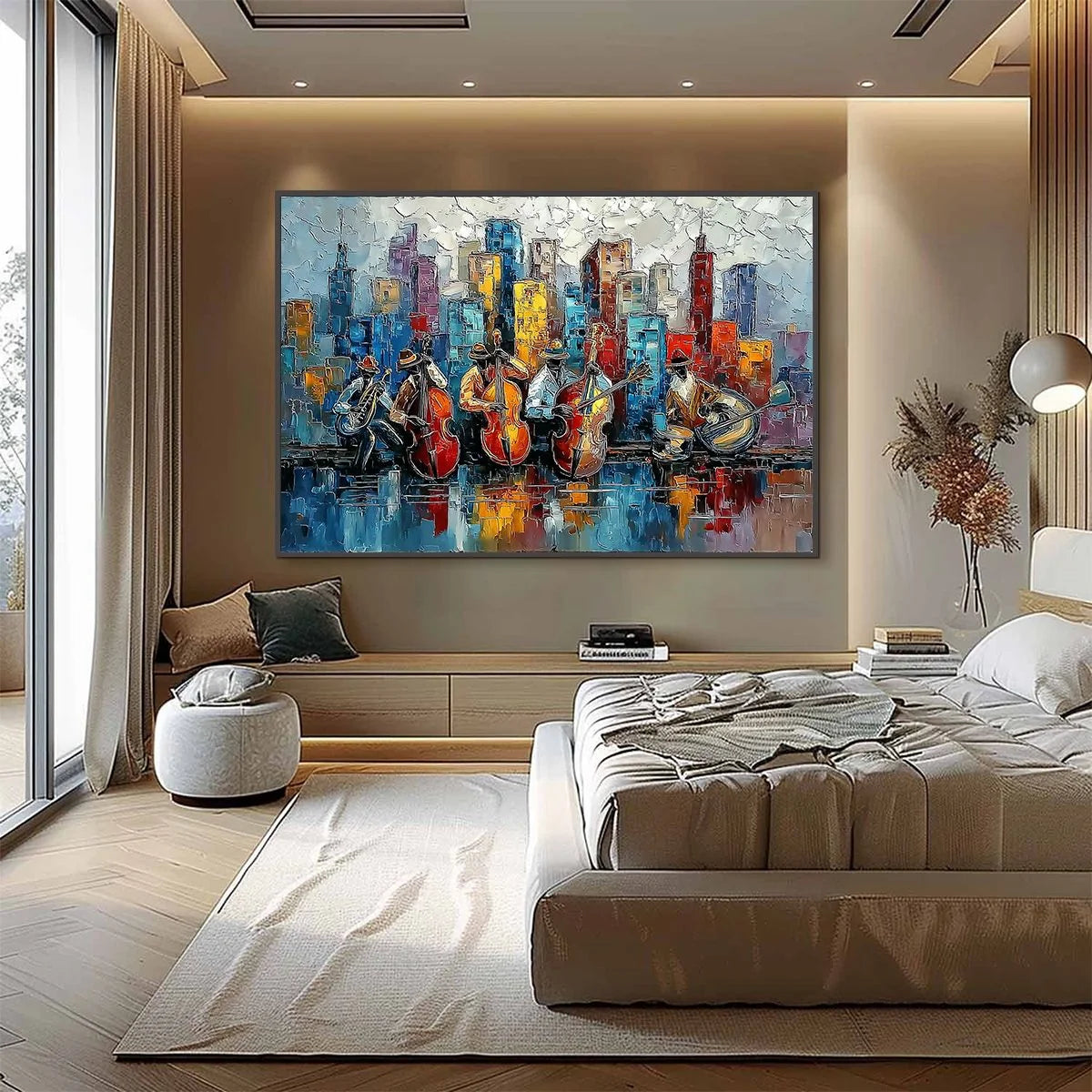 URBAN SERENADE: Textured Palette Knife Painting of Jazz Musicians and Cityscape | gold frame stretched on neutral wall