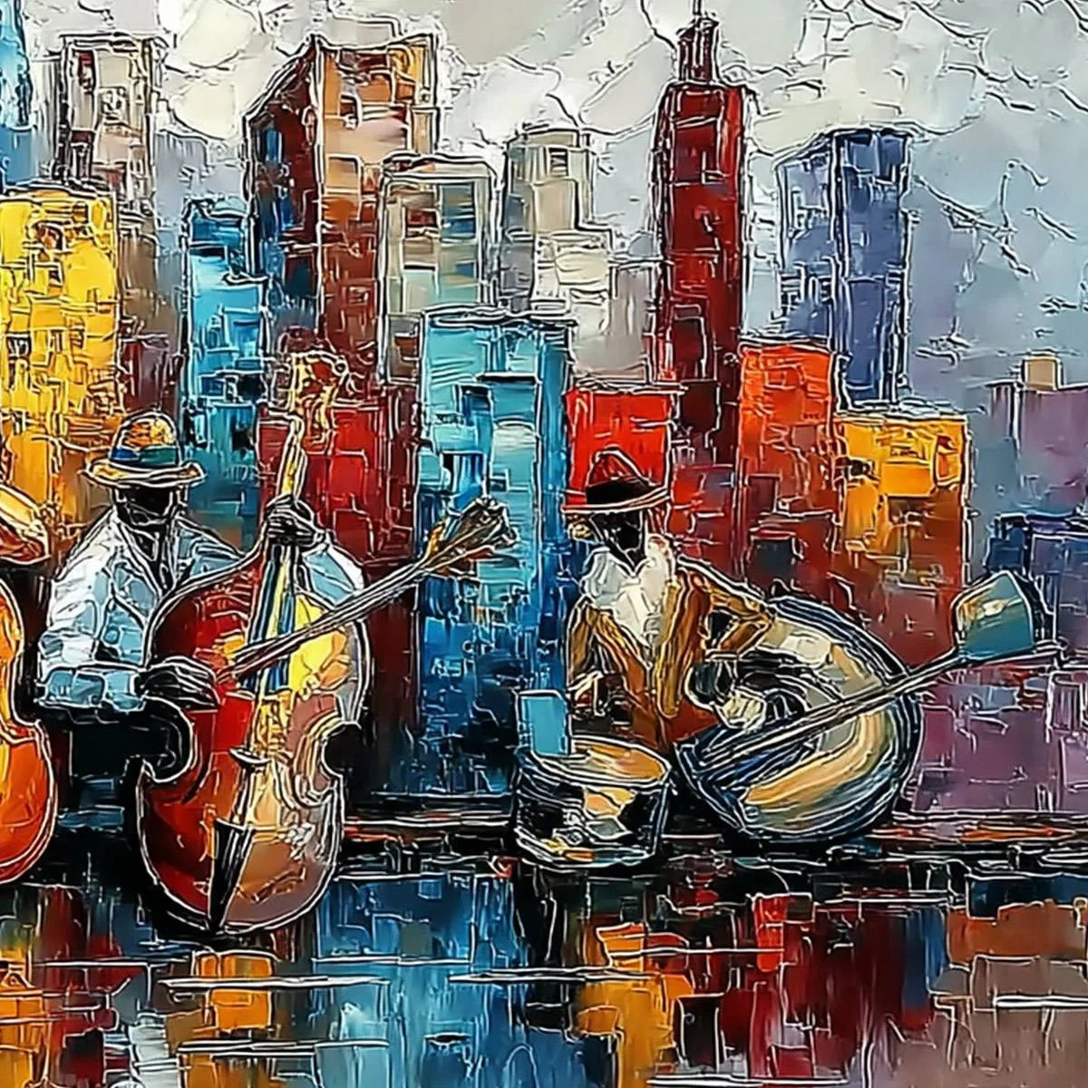 URBAN SERENADE: Textured Palette Knife Painting of Jazz Musicians and Cityscape | rolled canvas, ready for custom framing