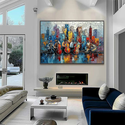 URBAN SERENADE: Textured Palette Knife Painting of Jazz Musicians and Cityscape | black frame version on white wall