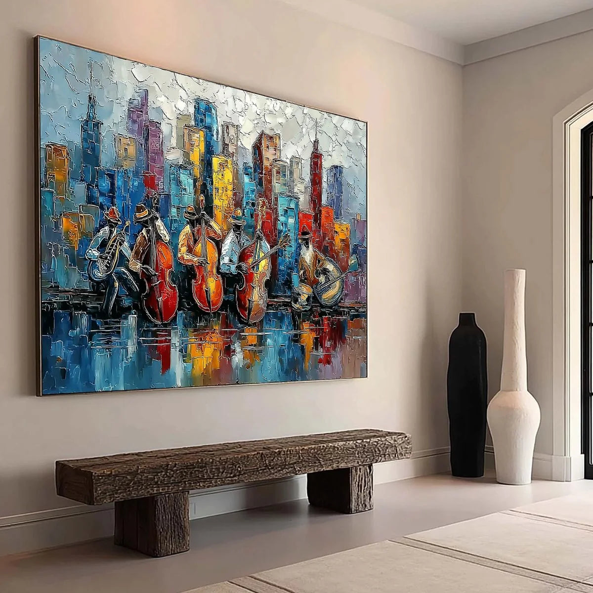 URBAN SERENADE: Textured Palette Knife Painting of Jazz Musicians and Cityscape | Abstract mood, soft natural light studio shot