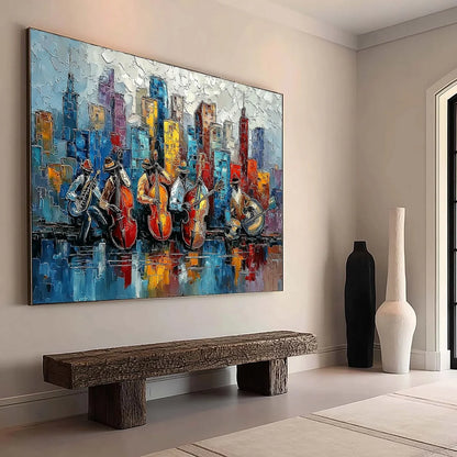 URBAN SERENADE: Textured Palette Knife Painting of Jazz Musicians and Cityscape | Abstract mood, soft natural light studio shot