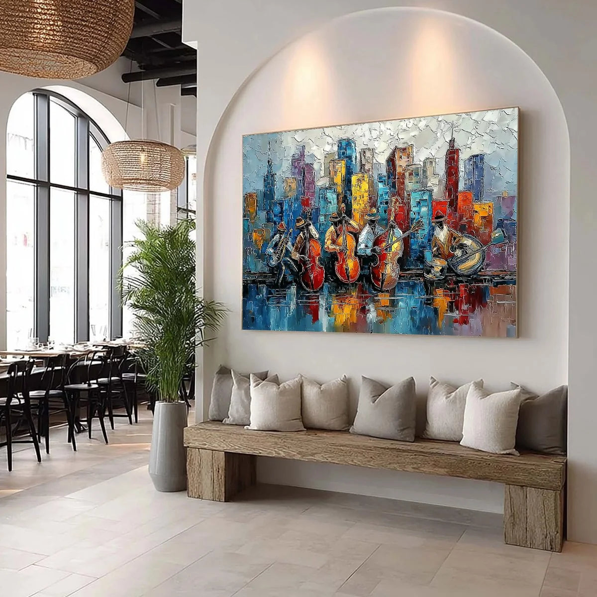 URBAN SERENADE: Textured Palette Knife Painting of Jazz Musicians and Cityscape | multi-color palette, original oil on stretched canvas art
