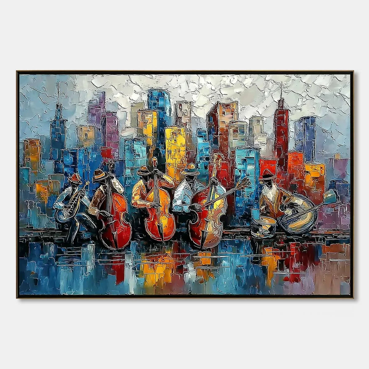 URBAN SERENADE: Textured Palette Knife Painting of Jazz Musicians and Cityscape | hanging in living room, Abstract wall art